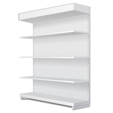 Mockup Blank Boş Vitrin Satış Raflarıyla Görüntüleme. Bakış açısı 3 boyutlu. Beyaz arka planda izole edilmiş bir resim. Tasarımınız için şablonu hazırlayın. Ürün Paketleme Vektörü EPS10