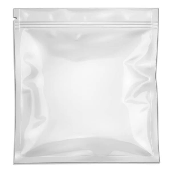 Bolso de bolsa de papel de aluminio retorcido relleno en blanco Embalaje con cremallera. Para medicamentos o productos alimenticios. Ilustración Aislado sobre fondo blanco. Plantilla Mock Up listo para su diseño. Vector EPS10 — Vector de stock