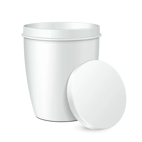 Open Cup Tub Food Plastic Container voor dessert, yoghurt, ijs, zure room of snack. Afbeelding Geïsoleerd op witte achtergrond. Mock up sjabloon klaar voor uw ontwerp. Vector EPS10 — Stockvector