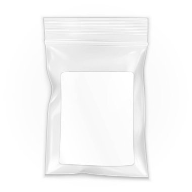 Boş Düz Düz Polyester Temiz Poşet Plastik Polyethylene Poşet Posta Paketi, Ziplock. Lable. Beyaz arka planda izole edilmiş bir resim. Şablonu Uygula. Tasarımına hazırım. Vektör EPS10