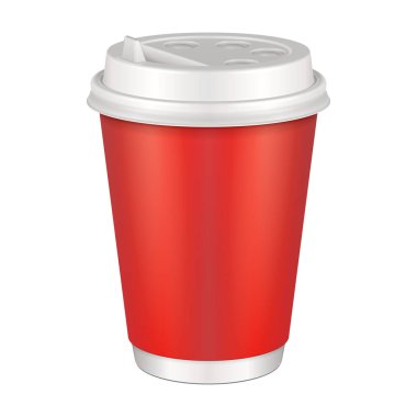 Sahte Red Blank Tek Kullanılabilir Kağıt Kupa ve Lid. Sıcak içecek kutusu: kahve, Java, çay, cappuccino. Beyaz arka planda izole edilmiş bir resim. Tasarım Vektörü EPS10 için Şablonu Hazırla