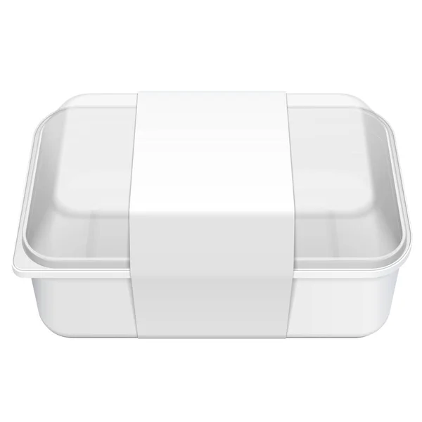Mockup Empty Blank Styrofoam Műanyag Élelmiszer tálca doboz fedéllel, fedél, Lable. Illusztráció elszigetelt fehér háttér. Mock Up Sablon készen áll a design. EPS10 kórokozó-átvivő — Stock Vector