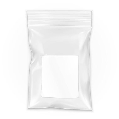 Boş Düz Düz Polyester Temiz Poşet Plastik Polyethylene Poşet Posta Paketi, Ziplock. Lable. Beyaz arka planda izole edilmiş bir resim. Şablonu Uygula. Tasarımına hazırım. Vektör EPS10