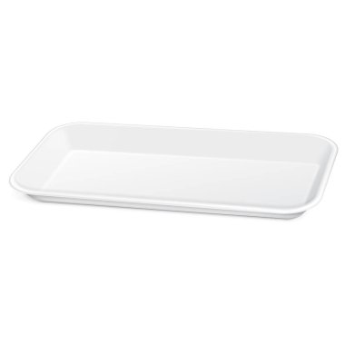 Boş Stil Köpük Plastik Yemek Tabağı, Tabak, Tabak. Üç boyutlu. Beyaz arka planda izole edilmiş bir resim. Tasarımınız için şablonu hazırlayın. Vektör EPS10