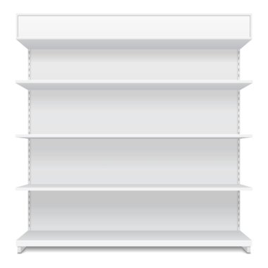 Mockup Blank Boş Vitrin Satış Raflarıyla Görüntüleme. Ön Görünüm 3 boyutlu. Beyaz arka planda izole edilmiş bir resim. Tasarımınız için şablonu hazırlayın. Ürün Paketleme Vektörü EPS10