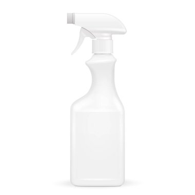 Beyaz boş sprey tabanca temiz plastik şişe. İllüstrasyon izole beyaz arka plan üzerinde. Şablon hazır tasarımınız için alay. Vektör Eps10