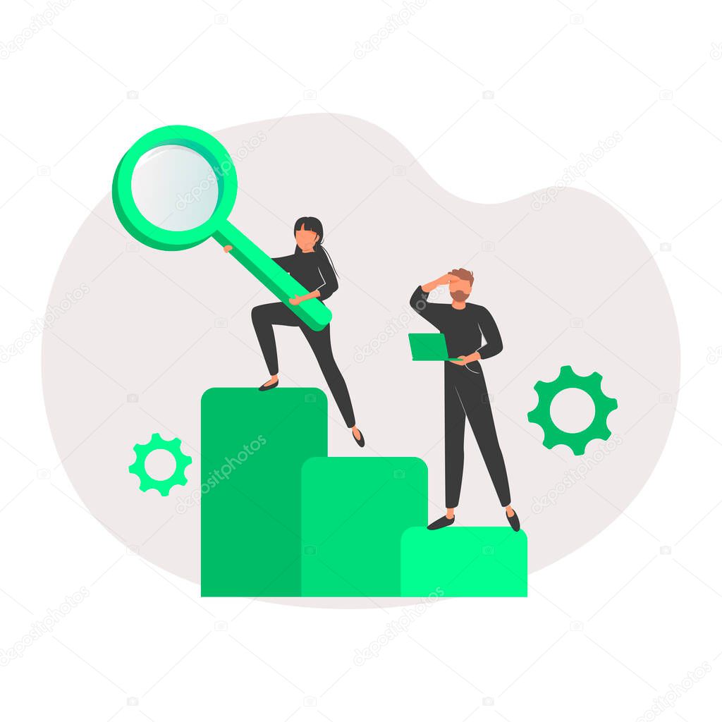 Man looking for something and woman hold magnifying glass or loupe. Business metaphore for search or research, development, web surfing. Trendy outline characters for web or ui design.