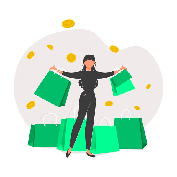 Online betaling of geld terug te betalen programma vector illustratie concept. Vrouw krijgen cashback te koop in winkel of winkel — Stockvector