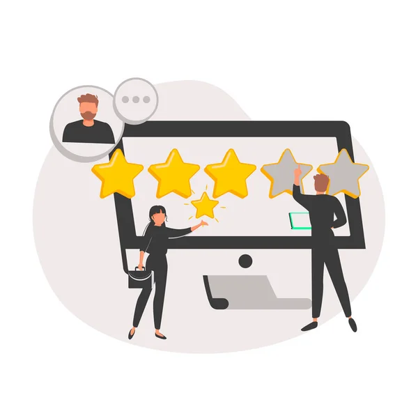 Vários Online Survey and Rating Icon. Formulário de pesquisa de preenchimento de personagens, colocando marcas de verificação na lista de verificação e dando cinco — Vetor de Stock