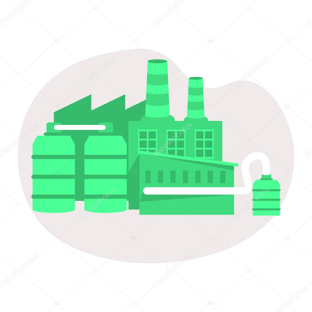 Industrial factory in flat style a vector an illustration. Factory, road, tree, window facade. Eco style factory ity