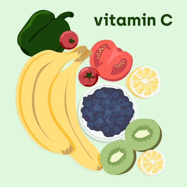 Sbírka zdrojů vitaminu C. Ovoce a zelenina obohacené kyselinou askorbovou. Dietní potraviny, organická výživa — Stockový vektor