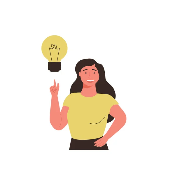 Woman points on light bulb over her. Happy African female entrepreneur has business idea. Concept of innovation — Stockvector