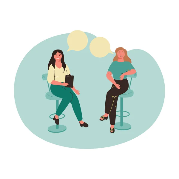 女性の精神療法士は彼女の患者との個々のセッションを持っており、肯定的な結果を見る。幸せな女性が座っている — ストックベクタ