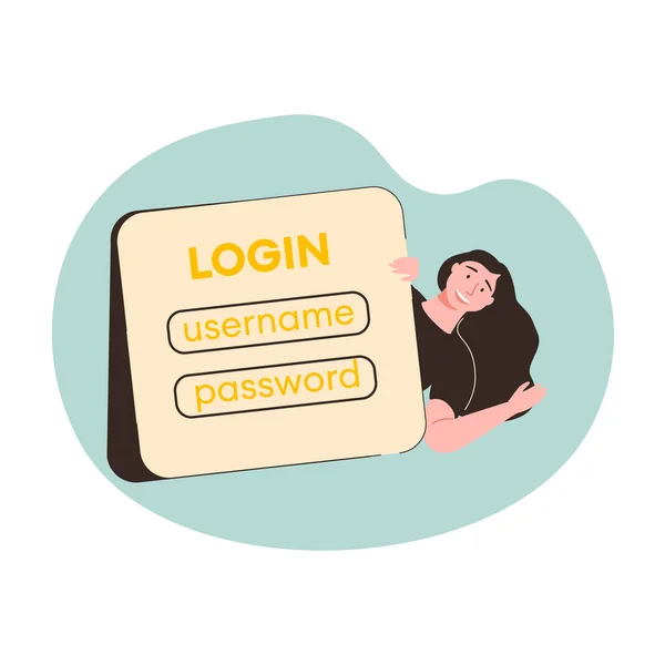 Entering personal email and security concept. Smiling man standing near login username and password and signing in — Stock Vector