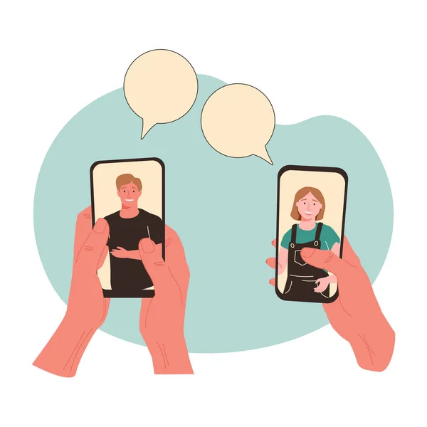 Menselijke handen met behulp van mobiele app voor virtuele conferentie vergadering vrienden bespreken tijdens videogesprek op smartphone schermen — Stockvector
