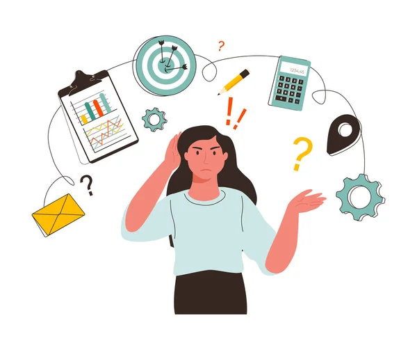 Stressed businesswoman overwhelmed with work tasks manage to meet deadline in office. Anxious female worker. — Stock Vector