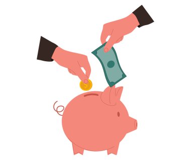 Beyaz arka planda izole edilmiş kumbara içine el ya da altın para koyun. Yaşam kavramı kişisel.