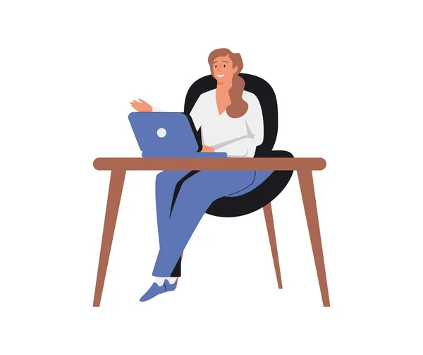 Landing page template με γενειοφόρο γυναίκα που κάθεται στο γραφείο με φορητό υπολογιστή. Έννοια του κτιρίου. — Διανυσματικό Αρχείο
