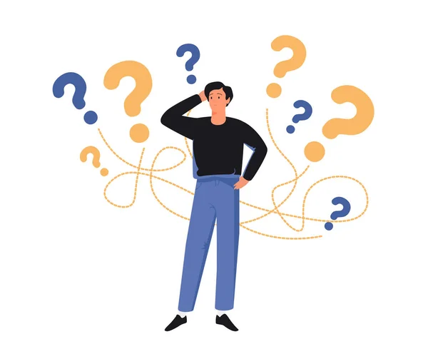 Emotion, face, expression, thought, trouble, question concept. Young pensive thoughtful man guy teenager. — Stock Vector