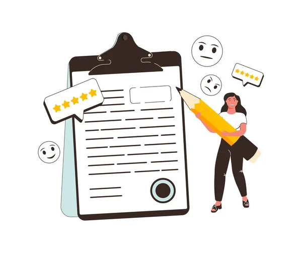 Feedback e ilustração da pesquisa. Personagens de pessoas dando feedback positivo de cinco estrelas. — Vetor de Stock
