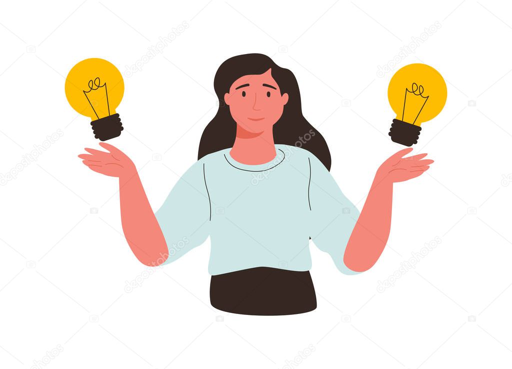 Vector business illustration of woman with lightbulb choising right one, makind decision isolated on white background.