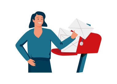 Mutlu bir kadınla sayfa şablonu indiriliyor ve zarfın içinde işaret var. Doğrulama, kabul ya da onay mektubu, doğrulama. Web sayfası için modern düz vektör illüstrasyonu.