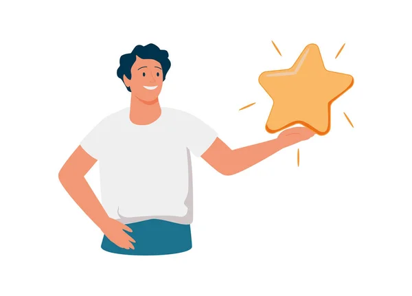 Person looking at shining golden star. Concept of business achievement or accomplishment, task completion. — Vetor de Stock