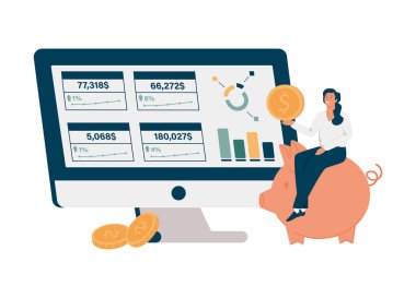 Financial report illustration. Characters analyzing charts, balance sheet, income statement and other business data.