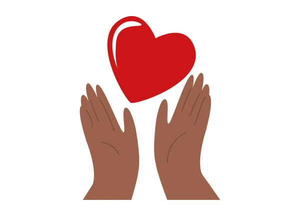 Twee handen houden een groot rood hart vast. Concept van liefde, liefdadigheid, filantropie en donatie. Vectorillustratie — Stockvector