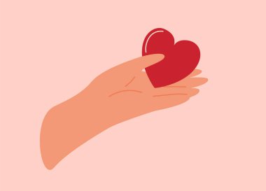 Human Hand gives to someone big red heart. Concept of love, charity, philanthropy and donation. Vector illustration