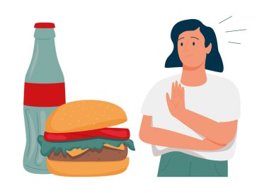 Sağlıklı beslenme örnekleri. Karakterler taze sebzelerden salata pişiriyor ve fast food yemeyi reddediyor..