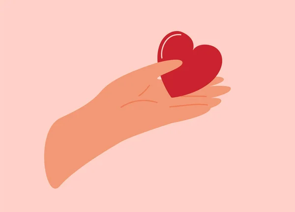 Human Hand gives to someone big red heart. Concept of love, charity, philanthropy and donation. Vector illustration — Stock Vector