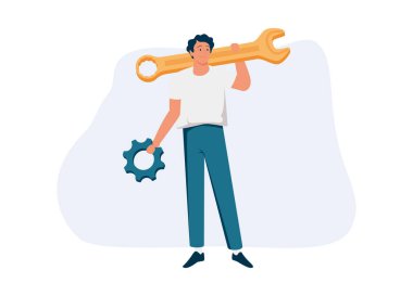 İngiliz anahtarı, tornavida ve vites tekerleği tutan adam. Teknik servis kavramı, mekanik onarım, bakım, profesyonel destek, yardım veya yardım. Modern düz renkli vektör çizimi.