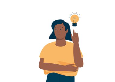 Siyah kadın üzerindeki ampulü işaret ediyor. Mutlu Afrikalı kadın girişimcinin iş fikri var. Yenilik, çözüm ve yaratıcılık kavramı. Vektör illüstrasyonu