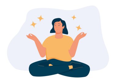 Meditasyon ve sağlıklı yaşam tarzı konsepti. Genç, gülümseyen, pozitif kız çizgi film karakteri, meditasyon yapıyor, yoga yapıyor, antrenman yapıyor, mutlu vektör çizimleri yapıyor.