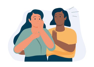 Arkadaşlar Konsepti Destekliyor. Beyaz bir kadın stres ve depresyon içindeki en iyi arkadaşını teselli ediyor. Siyah bir kız zor bir durumda ve yardıma ihtiyacı var. Vektör illüstrasyonu