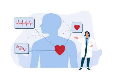 Kardiyoloji konsepti. Kardiyologlar hastanın kalbini kontrol ediyor. İnsan kardiyo hastalıklarının tıbbi teşhisi. Kardiyovasküler sistemin incelenmesi ve tedavisi. Renkli düz vektör çizimi