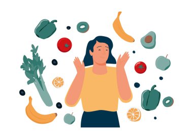 Sebze suyu, minik insan konseptini zayıflatmak için sağlıklı bir diyet kokteyli. Vegan detoks yiyecek ve içeceği organik ve vitamin dolu olarak bardakta saman vektör illüstrasyonundan elde ettik. Ham bileşen karışımı.