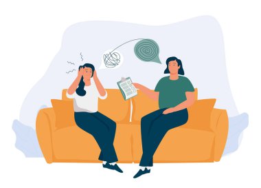 Doktorun ofisinde çocuk terapisi seansı. Genç kız danışmanından duygusal destek alıyor. Kadın psikoloğun genç hastasıyla özel bir görüşmesi var. Vektör illüstrasyonu