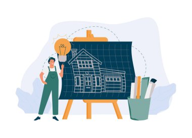 İnşaat teknolojisi yeniliği soyut konsept vektör çizimi. Yenilikçi inşaat malzemeleri, modern makineler, bilgi modellemesi, proje yönetimi soyut metaforu.