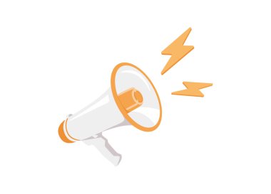 Büyük beyaz megafonlu, hoparlörlü ve yıldırımlı renkli bir poster. Pazarlama zamanı konsepti. Sosyal ağlarda ya da internette tanıtım ve reklamcılık. Çizgi film düz vektör çizimi