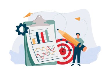 Dijital pazarlama ve tanıtım illüstrasyonu. İş ve Pazarlama illüstrasyonu. İş hedeflerine ulaşmak için grafikleri, grafikleri ve pazarlama stratejisini analiz eden karakterler. İş konsepti