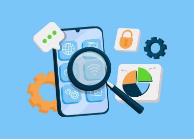 Mobil medya optimizasyonu, yerel arama, trafikte artış, arama motoru hedeflemesi. SEO strateji soyut konsept vektör çizimi seti. Web Vektörü Resimleri.