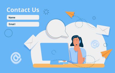 Web ve İniş Sayfası için bizimle bağlantı kurun. Müşteri ile Kulaklıklı Kadın Müşteri Hizmetleri Ajanı konuşuyor. Çevrimiçi Müşteri Destek ve Yardım Masası Konsepti. Düz Çizgi film Vektör İllüstrasyonu.