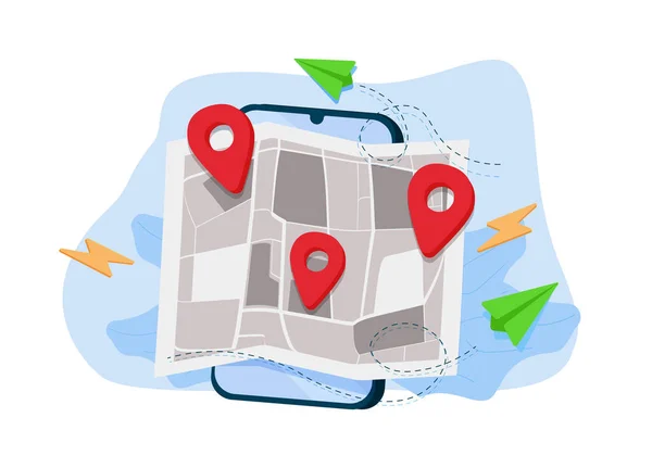 Smartphone Con Mappa Illustrazione Perni Mappa Gps Punti Controllo Pin — Vettoriale Stock