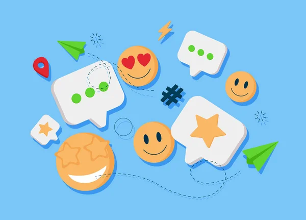 Plateforme Médias Sociaux Concept Applications Communication Sociale Ligne Emoji Coeurs — Image vectorielle