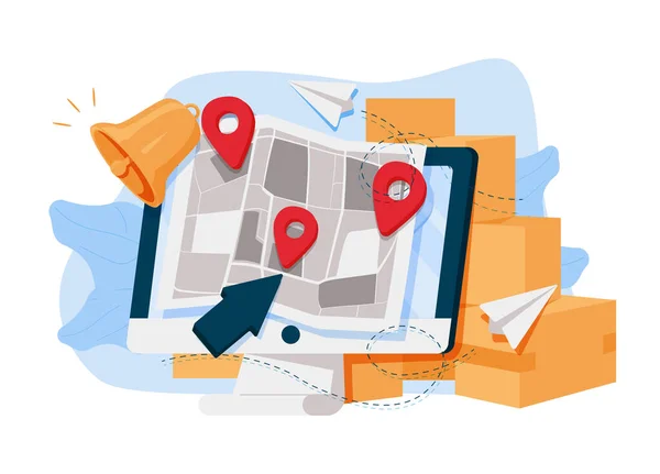 World Map Location Pin Screen Cardboard Box App Online Shopping — Stock vektor