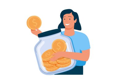 Financial Savings concept. Vector cartoon illustration of a young woman who makes money savings at home in the jar, keeps money in a bank safe and creates currency savings. Isolated on white.