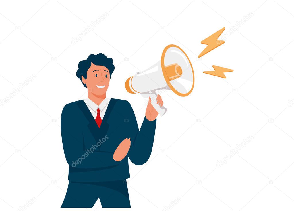 Businessman shouting, speaking out loud to get attention and announce promotion concept, confident young businessman using megaphone speaking out loud to be heard in public.