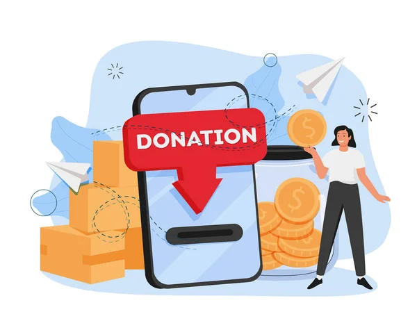 Personaje Donando Dinero Ilustración Voluntarios Poniendo Monedas Caja Donaciones Donando — Vector de stock